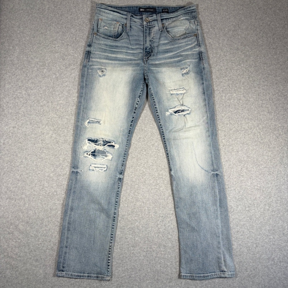 BKE Jake Straight Jeans Mens 31x32 Blue Distressed Denim Pants Stretch